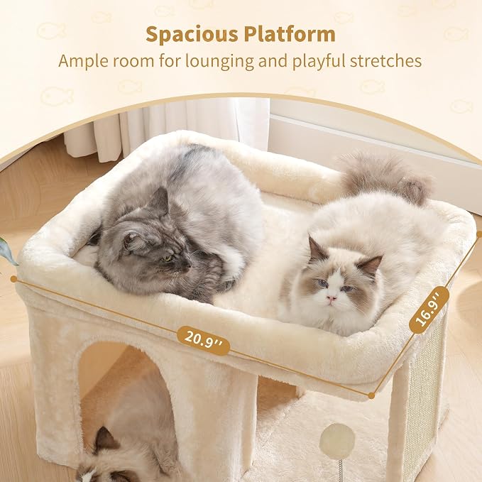 Heybly Cat Tree, 14" Cat Tower with Large Cat Bed & Condo HCT203SM | Cat Furniture for Indoor Cats Large Adult, Cat House with Scratching Posts and Spring Balls for Kittens, Beige