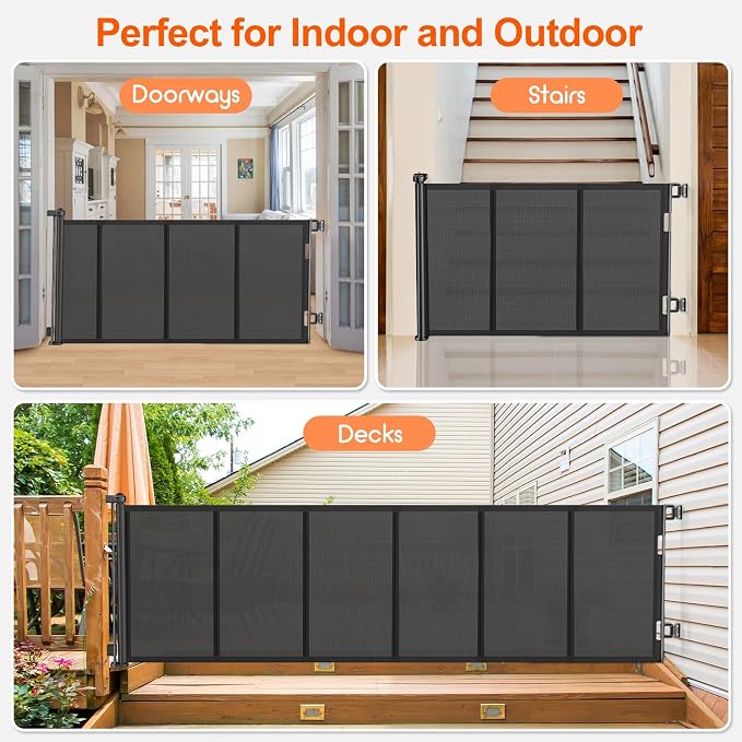 EZIGO 120 Inch Retractable Baby Gates Extra Wide Reinforced Baby Dog Gate | 34 Inch Tall Retractable Dog Gate with Reinforced Strip Mesh Safety Pet Gate for Stairs Hallway Doorway Indoor Outdoor, Black