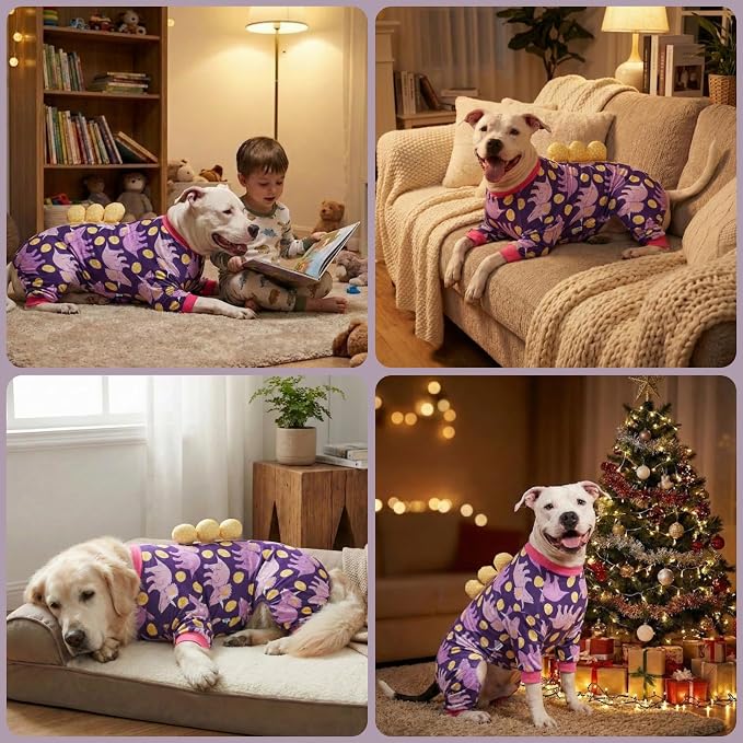 LovinPet Large Dog Pajamas, Four-Leg Stretch Onesie Bodysuit, Lightweight UV-Shielding Pajamas, Anti-Lick Calming Recovery Suit for Surgery, 3D Dino Egg Spikes, Easy on/Off， Purple， 3XL