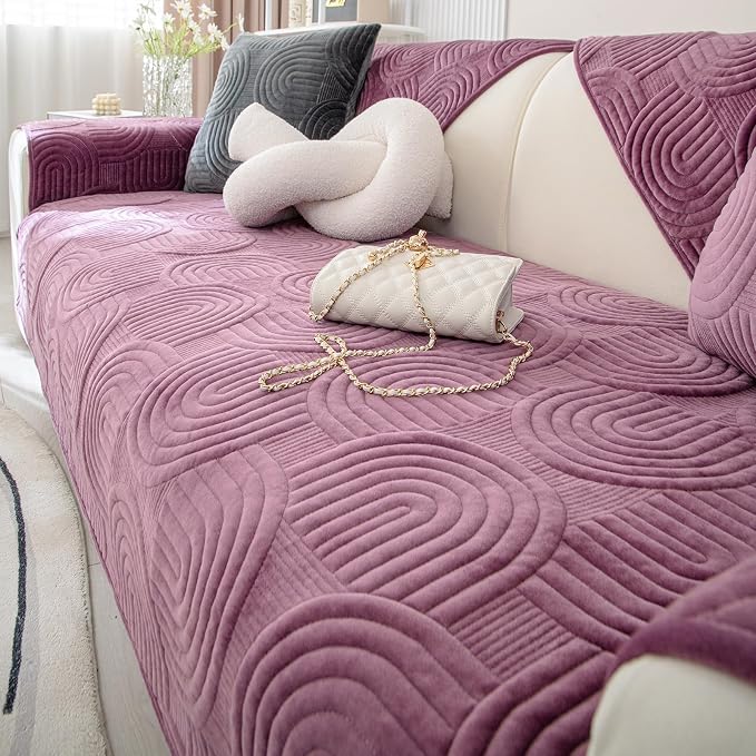 Soft Plush Geometric Quilted Couch Sofa Cover Boho Non Slip Fuzzy Sectional Couch Cover Solid Color Washable Sofa Slipcover Furniture Protector for Kids Dogs Cats (Purple,36"x102")