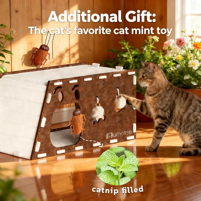 Cat Tunnel House for Indoor Cats, 3-in-1 Felt Cave and Scratcher | Fits 12–22 lb pets, reinforced top supports lounging, joins two units into a 47-inch play zone, includes two catnip bell toys