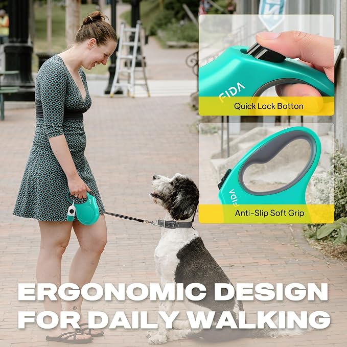 Fida Retractable Dog Leash with Dispenser and Poop Bags, 10 ft Pet Walking Leash for X-Small Dog or Cat up to 18 lbs, Anti-Slip Handle, Tangle Free, Reflective Nylon Tape (XS, Teel)