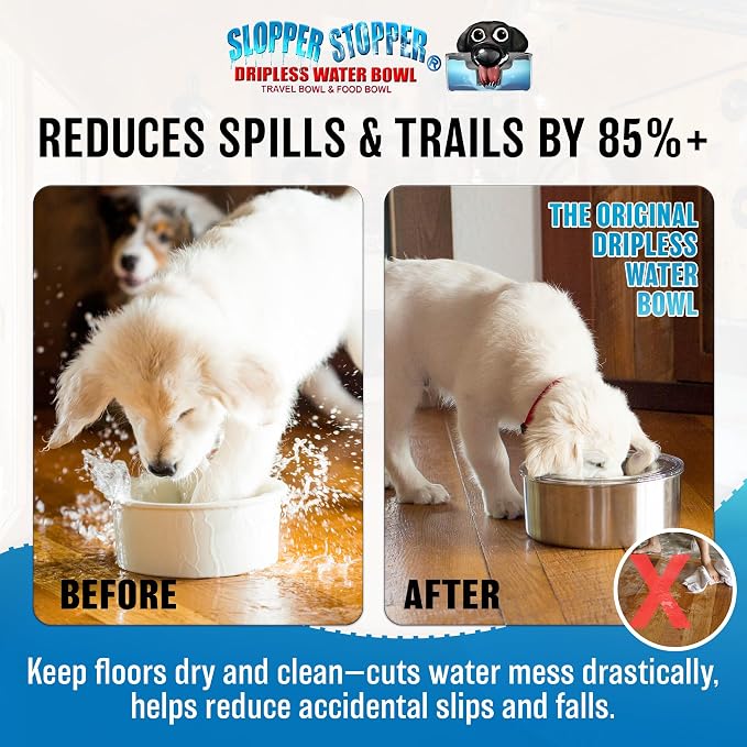 Stainless Steel Dripless Water Bowl with Tritan Plastic Lid – Holds 1 Gal, Reduces Spills & Trails Up to 85%+, Water Bowl for Large Breed Dogs (51-85 lbs), The Original Slobber Stopper