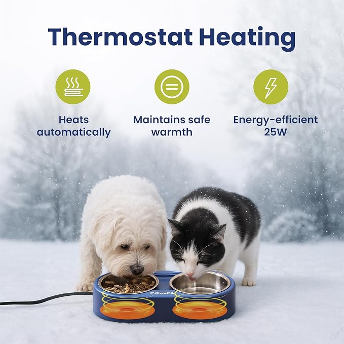 Heated Water Bowl for Cats, Outdoor Heated Pet Bowl in Winter | 18/8 Stainless Steel, Anti-chew Cord, Removable Bowls, Dual-bowl Heated System, Raised Ergonomic Stand, Blue, 3 Cups