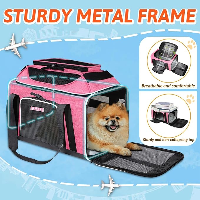 Petskd Top-Expandable Small Pet Carrier 17"x11"x9.5" Airline Approved | for Alaska Airlines, Lockable Safety Zippers and Anti-Scratch Mesh, Soft-Sided, Pets Under 10 Lbs, Pink