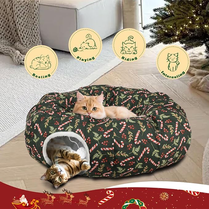 Cat Tunnel Bed Under Christmas Tree, 3x3ft Donut for Cats | Collapsible Polyester Fabric, 9.8in Tube Diameter, Holiday Green & Candy Cane Design for Kittens, Small Animals