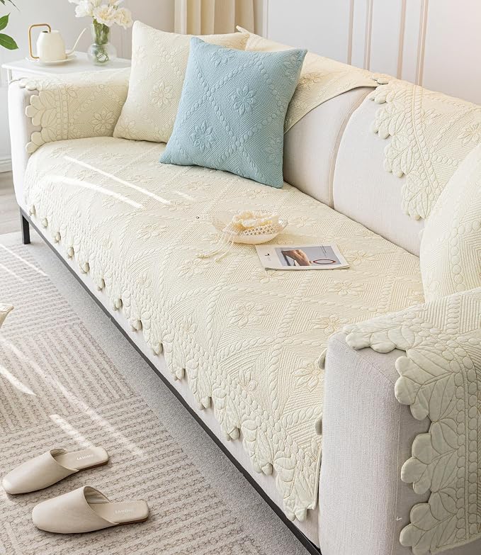 Cotton Quilted Dog Couch Cover for Sofa Farmhouse Rustic Embroidery Sectional Couch Cover Soft Anti-Slip Sofa Slipcover Furniture Protector for Kids, Pets (Ivory,43"x94")