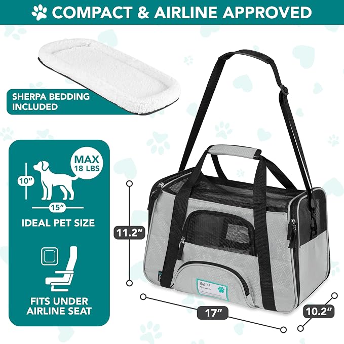 PetAmi Airline Approved Pet Carrier for Cats & Small Dogs, Soft Sided TSA Travel Carrier Bag with Sherpa Bed, Breathable Mesh Ventilation, Collapsible Bowl, Fits Under Seat, Up to 18 lbs, Small Gray