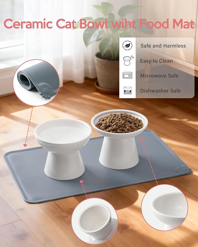 CEEFU 2 Elevated Ceramic Cat Bowls Upgraded with Food Mat for Food & Water | Extra Wide – Whisker Fatigue Shallow Food Dish, Lead & Cadmium-Free, Raised Height for Cats, White