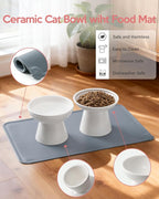 CEEFU 2 Elevated Ceramic Cat Bowls Upgraded with Food Mat for Food & Water | Extra Wide – Whisker Fatigue Shallow Food Dish, Lead & Cadmium-Free, Raised Height for Cats, White