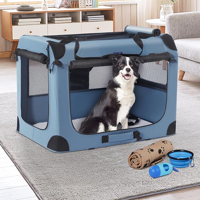 Petprsco Portable Dog Crates for Medium Dogs，32 inch Soft Travel Dog Crate | Collapsible Soft Dog Crate 32"x23"x23" for Medium/Large Dogs with Plush Mat, Fleece Blanket & Foldable Bowl, Indoor/Outdoor