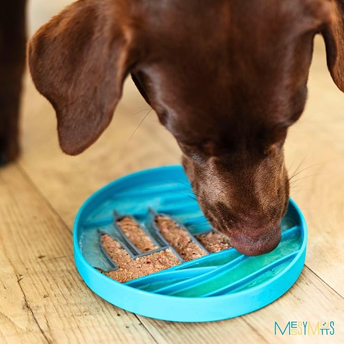 Messy Mutts Round Slow Feeder, 8 Inch, 2 Cup, Blue | 8 Inch Round Silicone Puzzle Slow Feeder For Dogs And Cats, Holds 2 Cups, Dishwasher Safe