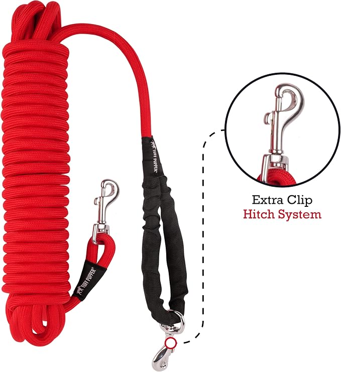 Tuff Pupper Heavy Duty 30 Foot Long Rope Leash for Dogs | Dog Recall Training Lead | High Visibility Strong Climbing Rope Leash | Hand or Waist Worn | Stainless Steel 360° Clips for Tangle Free Use