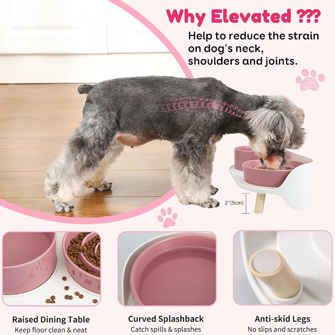 Elevated Slow Feeder Dog Bowls with Splash Proof Stand, Slow Eating 5X | 6.5″ Dog Slow Feeding Bowls & 6.1″ Dog Food Dish, Non-Slip Raised Food and Water Bowl Set for Small and Medium Breeds, Pink