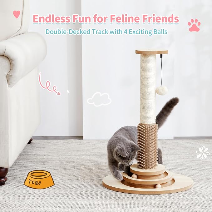 Made4Pets Cat Scratching Post for Indoor Cats with Self Groomer, 23" | Cat Scratcher with Natural Sisal Rope, Stable Base and Interactive Ball Track, Cat Toys for Kittens and Small Indoor Cats