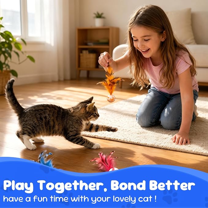 Cat Feather Toys 20 Pack, Cats Bouncy Balls for Indoor Cats | Feather Chase & Fetch Balls, Bouncy Tails Cat Toys with Durable Rubber, Interactive Home Chase Exercise Hunting Play