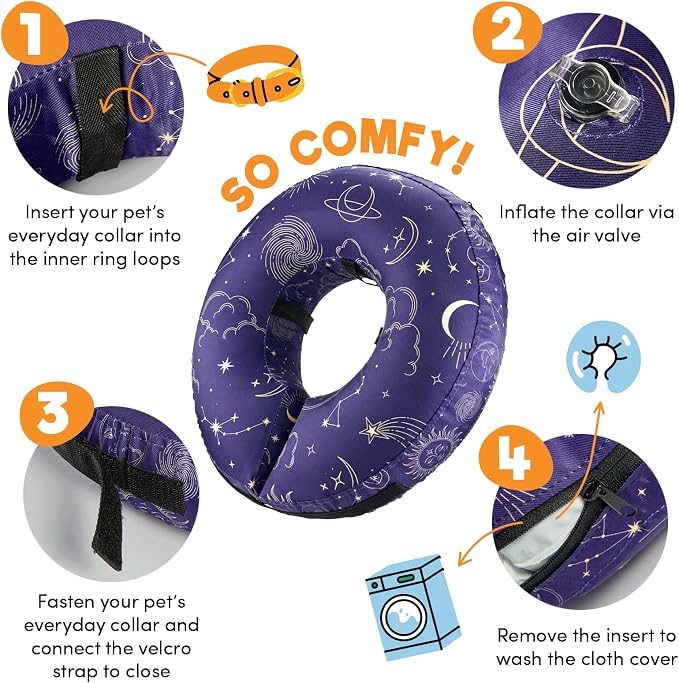 BENCMATE Inflatable Dog Cone Collar Alternative, Soft Dog Cone for Small Medium Large Dogs and Cats, Neck Recovery ECollar Donut Collar After Surgery (Large, Constellation)