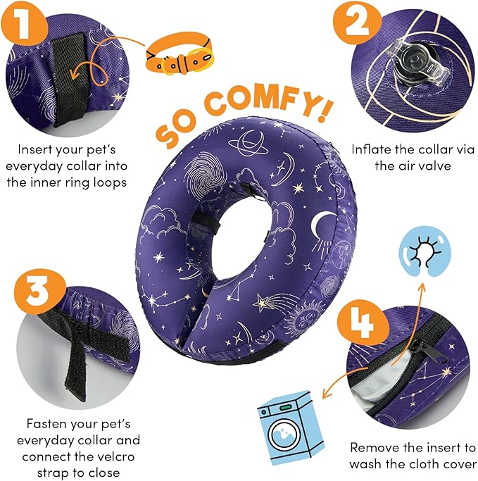 BENCMATE Inflatable Dog Cone Collar Alternative, Soft Dog Cone for Small Medium Large Dogs and Cats, Neck Recovery ECollar Donut Collar After Surgery (Small, Constellation)