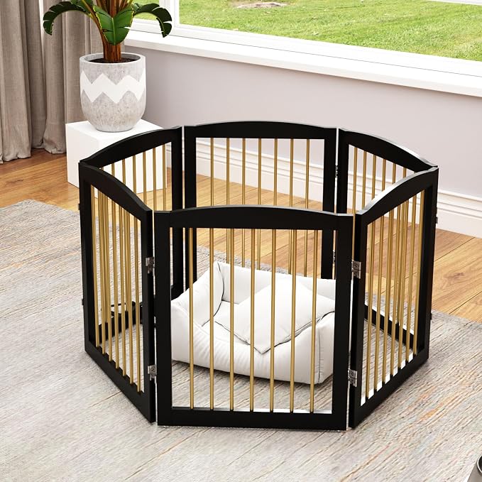 PUPETPO Freestanding Pet Gate for Dogs, Foldable Wooden Dog Gate for House, Extra Wide Indoor Pet Barrier for Stair, Doorway, Hall, Support Feet Included, 120 Inch Wide, 6 Panels 24",Black&Gold