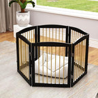 PUPETPO Freestanding Pet Gate for Dogs, Foldable Wooden Dog Gate for House, Extra Wide Indoor Pet Barrier for Stair, Doorway, Hall, Support Feet Included, 120 Inch Wide, 6 Panels 24",Black&Gold