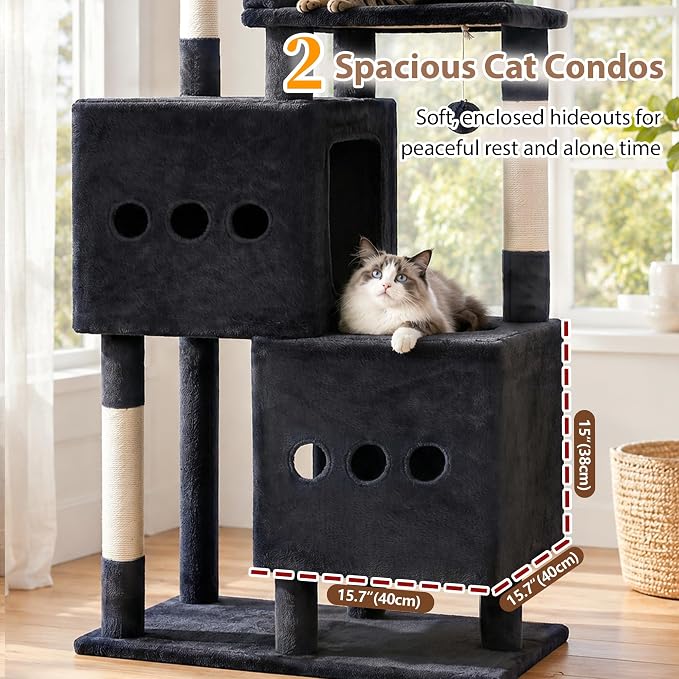 Gitelsnour Sturdy Cat Tree Tower with 2 Large Condos, 4 Big Perchs GCT039G | 74.8" Sturdy Cat Furniture for Indoor Cats Large Adult with 2 Cozy Cat Baskets, Sisal Scratching Posts & Toys, Dark Gray