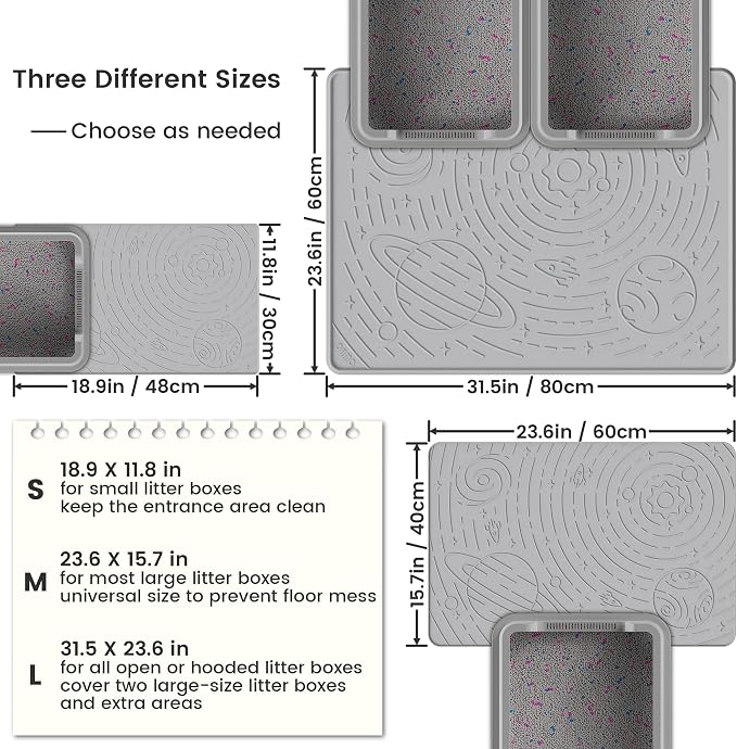 Cat Litter Mat Medium 23.6x15.7in, Light Grey Silicone Rubber Scatter Control Kitty Litter Box Trapping Mat, Waterproof Easy to Clean, Odorless Pet Supplies, Indoor Cat Essentials