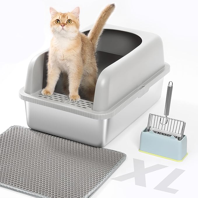 Stainless Steel XL Cat Litter Box for Big Cats- Metal Extra Large Litter Box with Lid, Include Metal Litter Scoop,Mat. High Sided with Guard Prevent Splashing. No Smell, Always New After Clean.