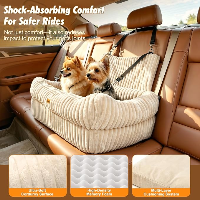 Pawaboo Dog Car Seat Bed, Memory Foam Booster for Medium/Large Dogs, Beige | Rear-seat pet travel bed with washable cover, safety leashes, thick cushion, and room for 2 small dogs