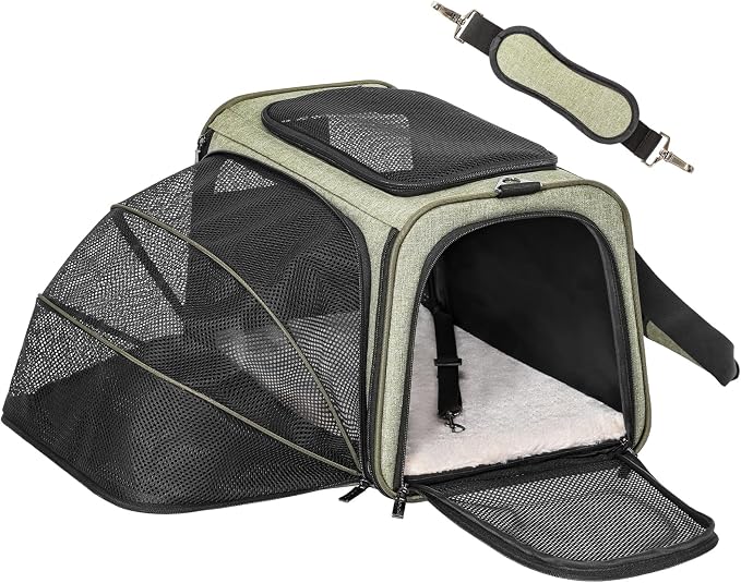 Petsfit Medium Expandable Cat Carrier for Air Travel, Up to 13 lb | 17 x 11 x 11 in; sized for Delta Air Lines, with locking zippers, a handy D-ring, large pocket and multi-side ventilation.