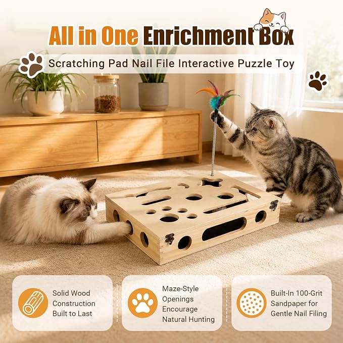 Cat Scratch Puzzle Enrichment Box, Wooden Interactive Toy for Indoor Cat | Cat Nail File Scratcher Box Include 2 Feather Wands & 3 Bell Balls, Claw Saver Box with Sandpaper Nail Trim for Cats & Kitten