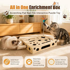 Cat Scratch Puzzle Enrichment Box, Wooden Interactive Toy for Indoor Cat | Cat Nail File Scratcher Box Include 2 Feather Wands & 3 Bell Balls, Claw Saver Box with Sandpaper Nail Trim for Cats & Kitten