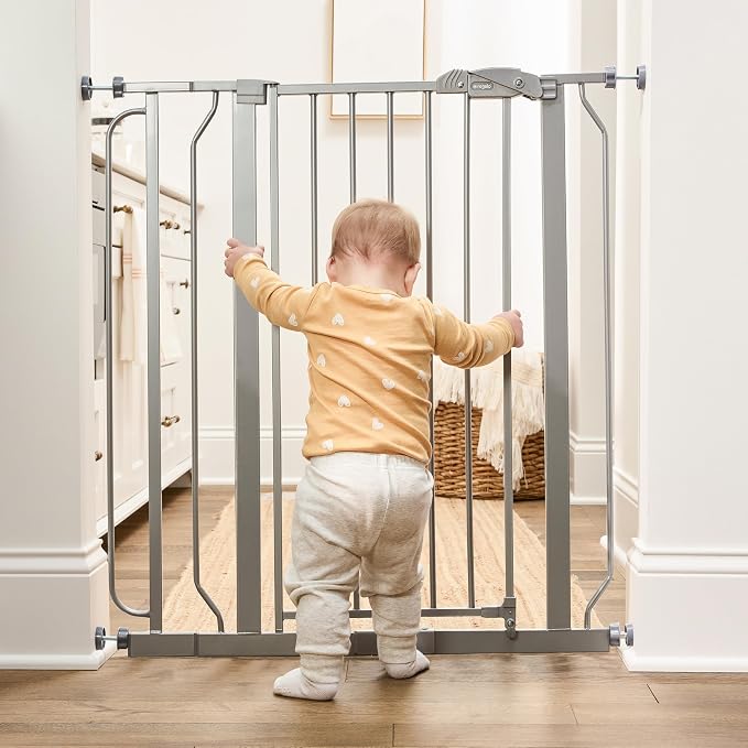 Regalo Safety 36" Extra Tall Baby Gate, Bottom of Stairs & Doorways | Fits Openings 29"-36.5" Wide, Pressure Mounted with Door, For Babies, Toddlers & Pets, Platinum