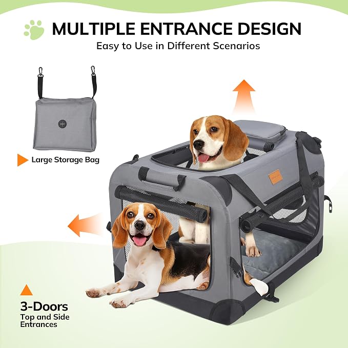 Morpilot 28-inch Portable Collapsible Dog Crate: Travel Dog Crate Soft-Sided for Small Medium Dogs up to 40lbs, with Foldable Bowl, Shoulder Strap & Storage Pockets, Grey
