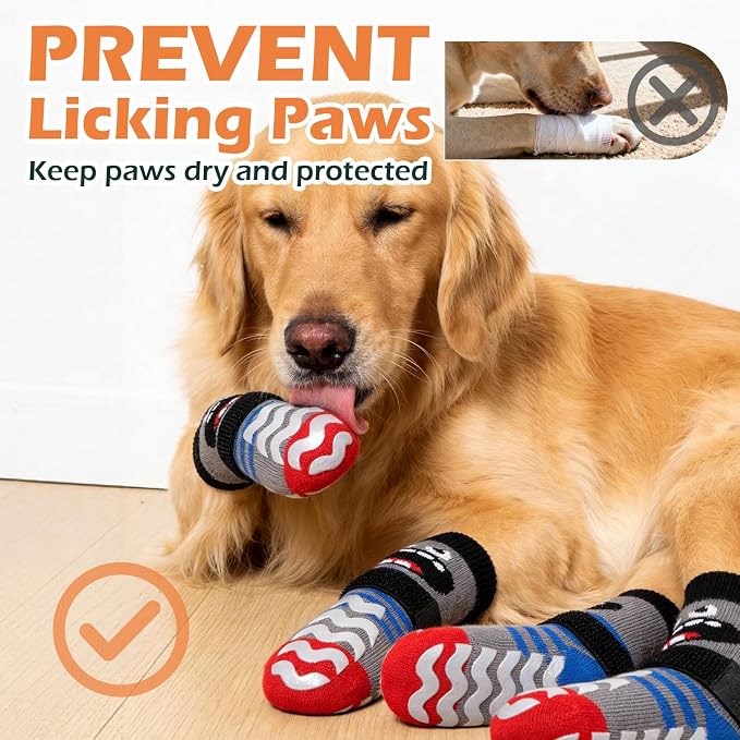 EXPAWLORER Dog Socks to Prevent Licking Paws with Grippers for Hardwood Floors Anti Slip, Cute Double Sides Dog Winter Shoes Booties Boots & Paw Protectors with for Small Medium Large Senior Dogs S