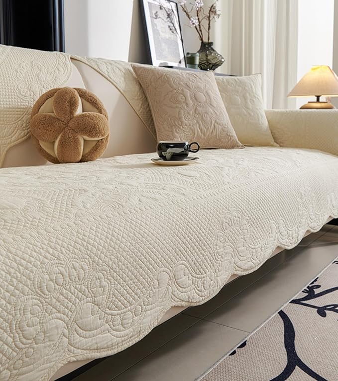 Luxury Vintage Cotton Embroidery Sofa Cover Soft Farmhouse Seat Cushion Cover Floral Quilted Sectional Couch Cover Anti-Slip Sofa Slipcovers Furniture Protector for Dogs Cats (Beige,36"x47")