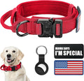 Tactical Military Dog Collar - Adjustable Nylon, Heavy Duty Metal Buckle With Handle for Training, With Patches (Red, M)