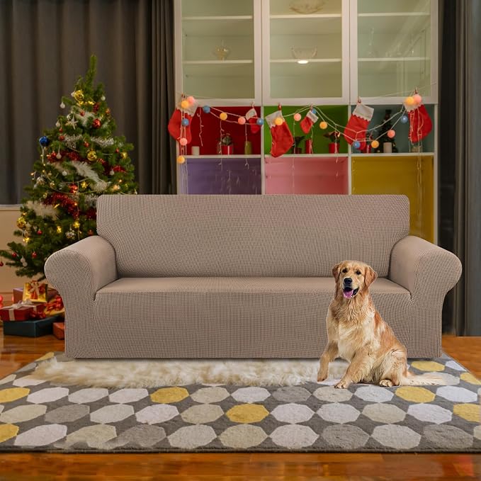 Stretch Couch Covers for Sofa, 3 Cushion Couch Slipcover,Camel | 1-Piece Washable Sofa Cover Pet Friendly(78"-94") Furniture Protector Soft Jacquard, Elastic Bottom for Dogs & Kids