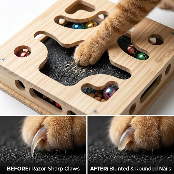 EIODEAR Cat Nail File Scratcher with 5 Sandpaper Pads, 4 Bell Balls, 8 Screw, Solid Wood Cat Scratch Puzzle Enrichment Box Nail Filer Box Toy to File Nails, Cat Treat Box for Treat-Motivated Cats