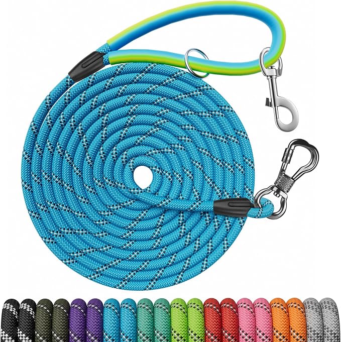NTR Dog Rope Leash, 15FT Puppy Recall Training Lead, with 2 Swivel Hooks, Reflective Threads and Comfortable Handle, Puppy Leash for Walking, Hunting, Camping, Backyard for Small Medium and Large Dogs
