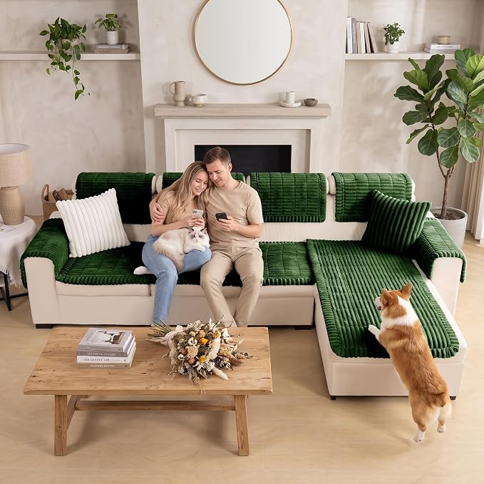 FUANGUI 2 Pack Waterproof Couch Cover for Dogs Pets Sofa Protector | Non-Slip Washable Fuzzy Soft Sofa Slipcover for 2 PCS L Shaped Sofa Pet Friendly, 27.6" x 70.9"+27.6" x 82.7",Dark Green