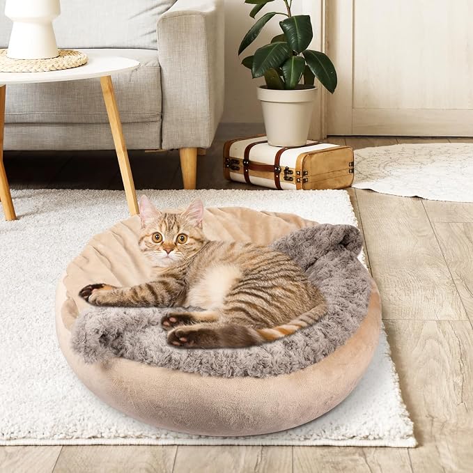 JOEJOY Small Dog Cat Bed With Hooded Blanket, Cozy Cuddler Luxury Puppy Pet Donut Round Calming Anti-Anxiety Burrow Cave - Anti-Slip Bottom, Machine Washable, 23 Inch
