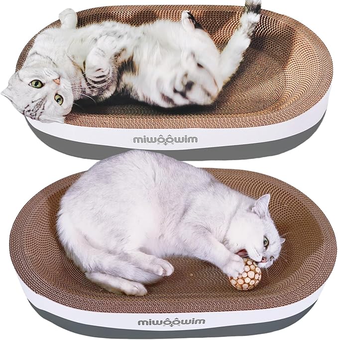 miwoowim 23.6" Extra Large Cat Scratcher Bed & Box Set, Oval Lounge Bowl | Includes 2 Oval Shape Beds & 1 Box with corrugated cardboard Scratch pad. Perfect for big cats and multi-cat households.