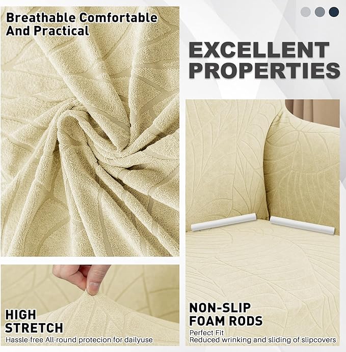 YEMYHOM Couch Cover Latest Jacquard Design High Stretch Sofa Covers for 3 Cushion Couch, Pet Dog Cat Proof Slipcover Non Slip Magic Elastic Furniture Protector (Large, Begonia Leaf Beige)