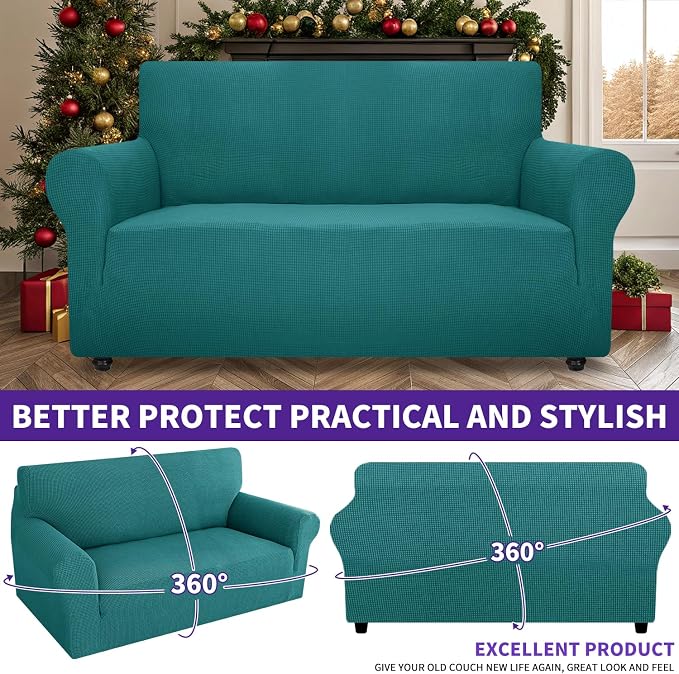 ZNSAYOTX Super Stretch Couch Cover Love Seat Sofa Covers for Living Room Dogs Pet Friendly Furniture Protector Spandex Loveseat Slipcovers with Anti Slip Foam Sticks (Peacock Teal, Loveseat)