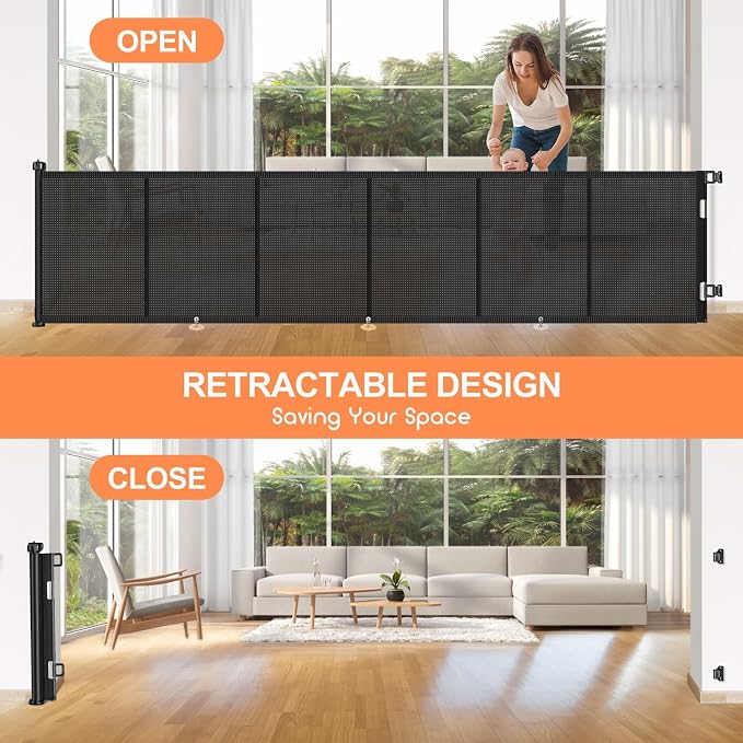 EZIGO 150 Inch Retractable Baby Gates Extra Wide Reinforced Baby Dog Gate | 34 Inch Tall Retractable Dog Gate with Reinforced Strip Mesh Safety Pet Gate for Stairs Hallway Doorway Indoor Outdoor, Black