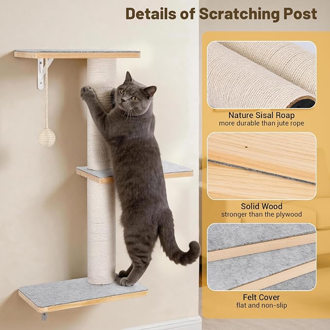 Wall Mounted Cat Shelves Set with Hammock | Sisal Scratching Posts, 3 Wooden Steps, Space-Saving Cat Tree, For Indoor Cats Up to 30 lbs