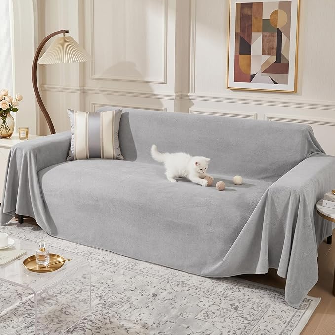 Couch Cover for 3 Cushion Sofa,Cat Scratch Proof Couch Protector Washable Sofa Covers Sectional Couch Covers for Dogs Soft L Shape Sofa Slipcover for Pets Kids, 91" x134”,Light Grey