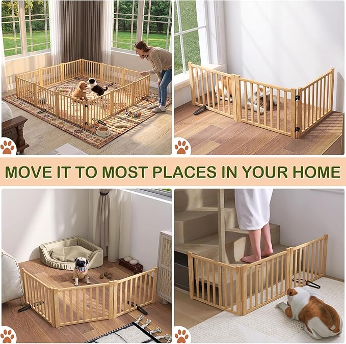 Wooden Freestanding Dog Gate Indoor - 16.9" H 3 Panels | No-Painted Foldable Pet Gates, Portable Puppy Gate for Doorways, Stairs, Hallways