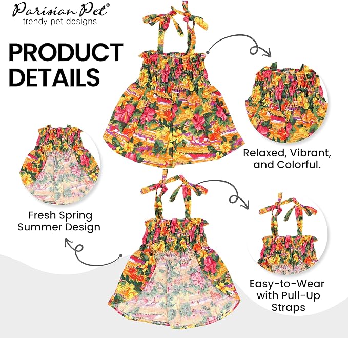 Parisian Pet Hawaiian Dog Dress - 100% Cotton Summer Clothes for Medium Dogs Girl - Pet Dress with Pull-Up Straps - Floral Beach Dog Outfit - Lightweight Puppy Clothes - Stylish Dresses for Dogs