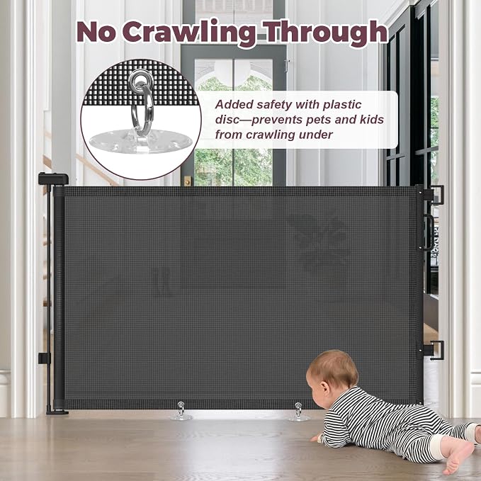 Retractable Baby Gate for Stairs & Doorways, Dog Gate Indoor Outdoor | Extends to 55" Wide 34" Tall Mesh Child Gate for Hallways, Deck, Porch, Pet Toddler Safety Essentials, Easy Install, Black
